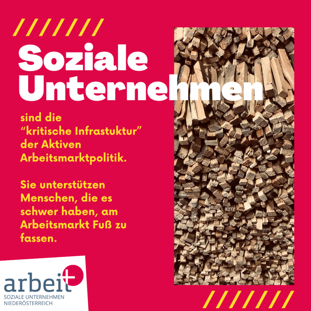 Flyer mit "Soziale Unternehmen sind die kritische Infrastruktur der Aktiven Arbeitsmarktpolitik", arbeit plus NÖ Logo und Foto von gestapeltem Anzündholz